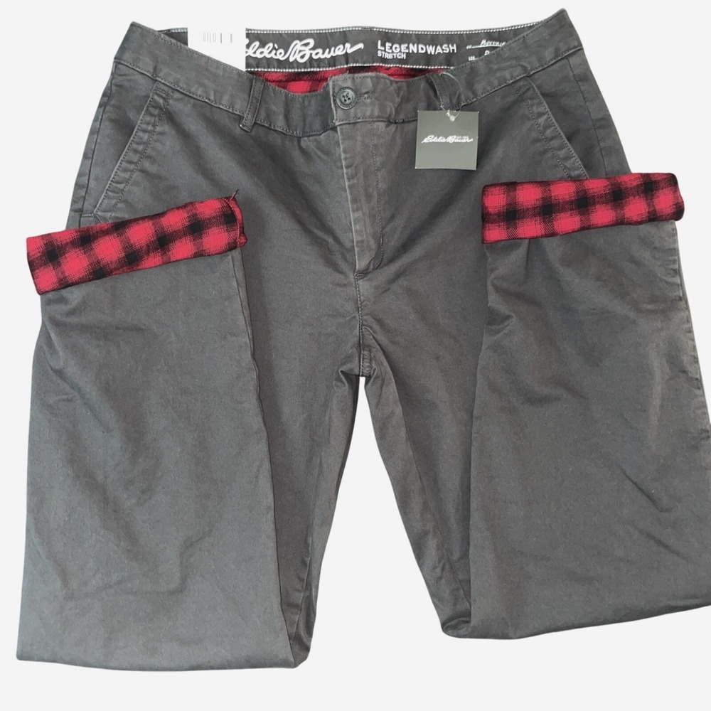 NWT Eddie Bauer Flannel Lined Khaki Pants Relaxed Chino Gray Buffalo Plaid Sz 14